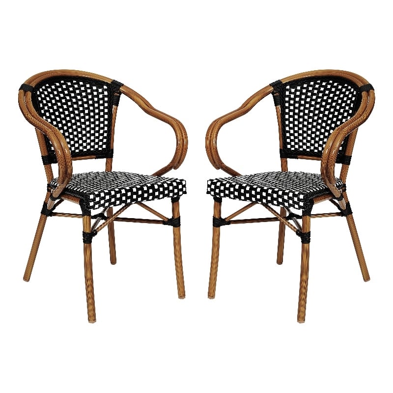 2 PK All-Weather Commercial Paris Chairs with Bamboo Print Metal Frames-Blk/Wht