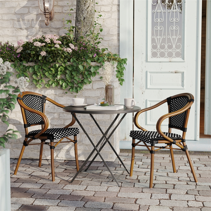 2 PK All-Weather Commercial Paris Chairs with Bamboo Print Metal Frames-Blk/Wht