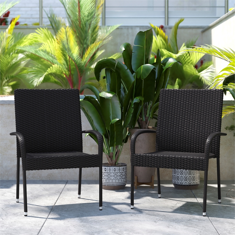 Indoor/Outdoor Stacking Steel Framed Black Wicker Dining Armchairs - 2 Pack