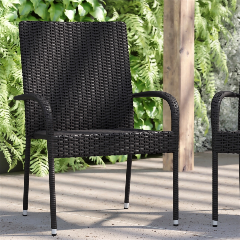 Indoor/Outdoor Stacking Steel Framed Black Wicker Dining Armchairs - 2 Pack