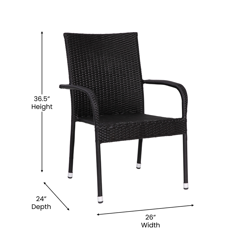 Indoor/Outdoor Stacking Steel Framed Black Wicker Dining Armchairs - 2 Pack