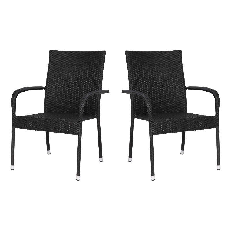 Indoor/Outdoor Stacking Steel Framed Black Wicker Dining Armchairs - 2 Pack