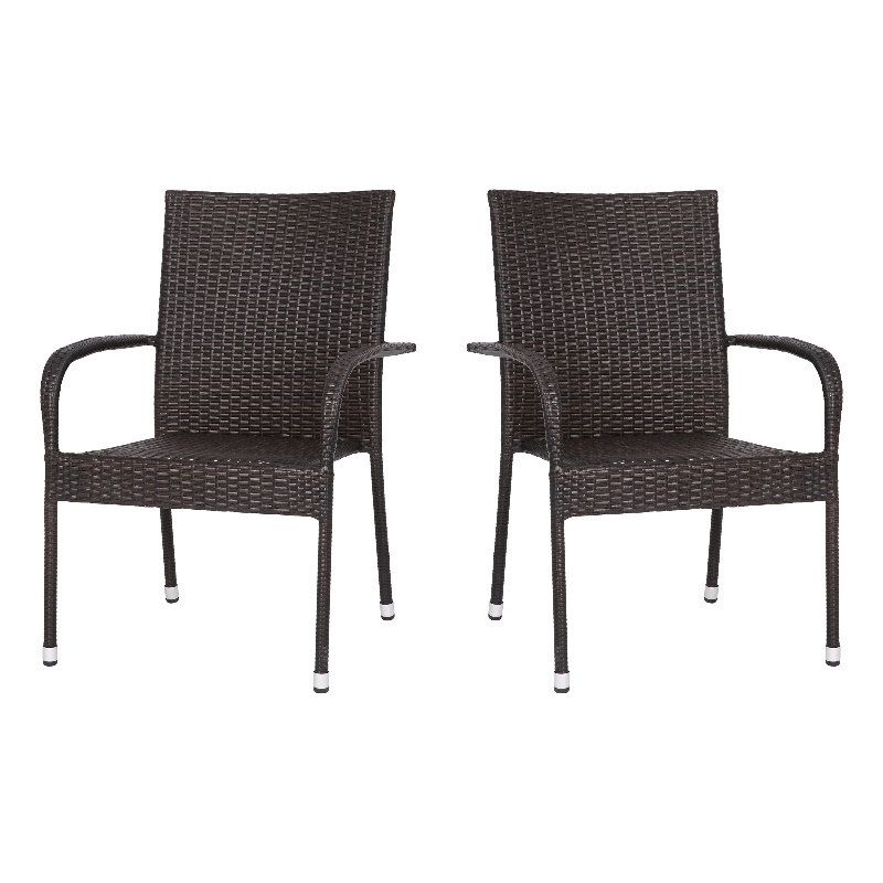 Indoor/Outdoor Stacking Steel Framed Espresso Wicker Dining Armchairs - 2 Pack