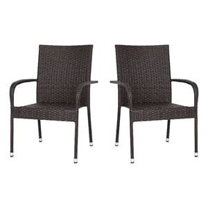 Indoor/Outdoor Stacking Steel Framed Espresso Wicker Dining Armchairs - 2 Pack