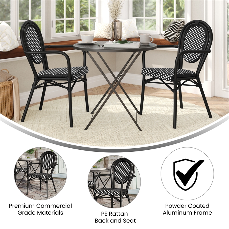 2 Pack All-Weather Commercial Paris Chairs with Black Metal Frame-White/Black