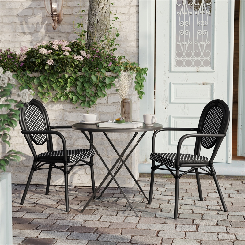 2 Pack All-Weather Commercial Paris Chairs with Black Metal Frame-White/Black