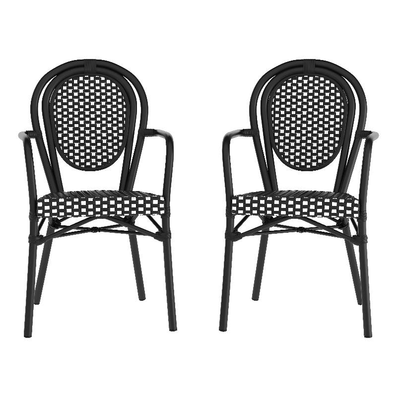 2 Pack All-Weather Commercial Paris Chairs with Black Metal Frame-White/Black