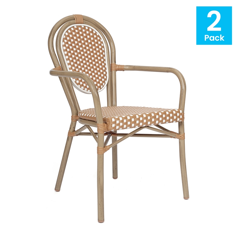 2 PK All-Weather Commercial Paris Chairs with Bamboo Print Metal Frame-Nat/White