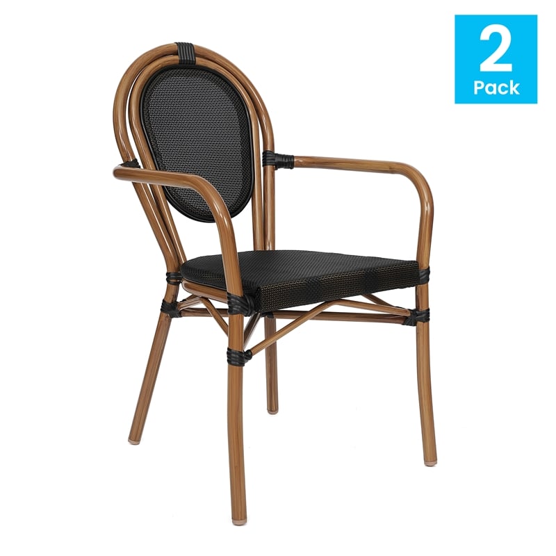2 PK All-Weather Commercial Paris Chairs with Arms and Natural Metal Frame-Black