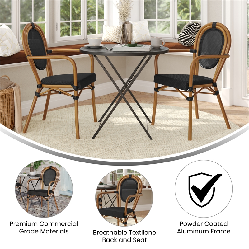 2 PK All-Weather Commercial Paris Chairs with Arms and Natural Metal Frame-Black