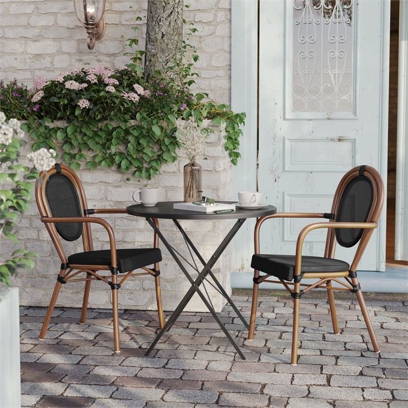 2 PK All-Weather Commercial Paris Chairs with Arms and Natural Metal Frame-Black
