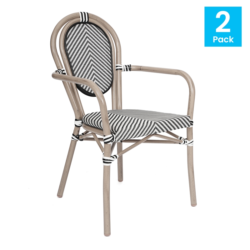 2 All-Weather Commercial Paris Chairs with Arms with Metal Frame-Black/White
