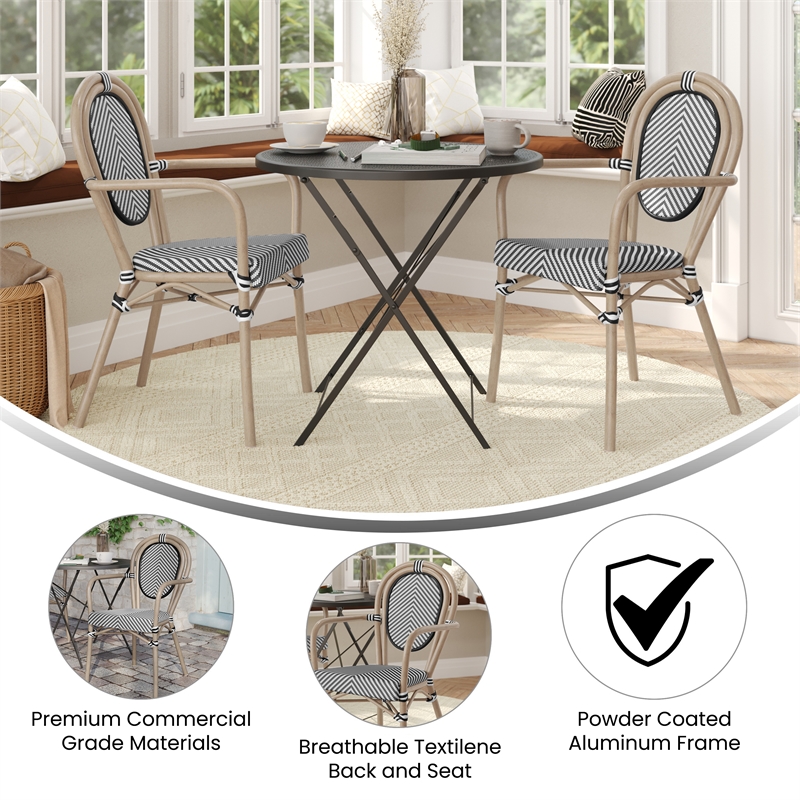 2 All-Weather Commercial Paris Chairs with Arms with Metal Frame-Black/White