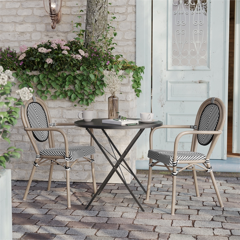 2 All-Weather Commercial Paris Chairs with Arms with Metal Frame-Black/White