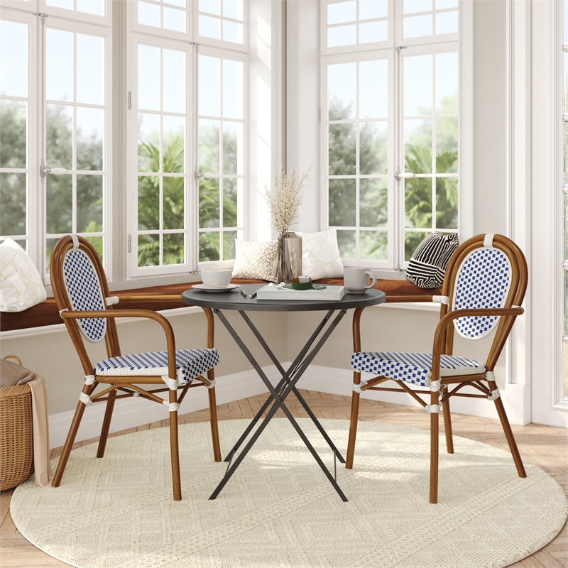 2 PK All-Weather Commercial Paris Chairs with Bamboo Print Metal Frame-Wht/Navy