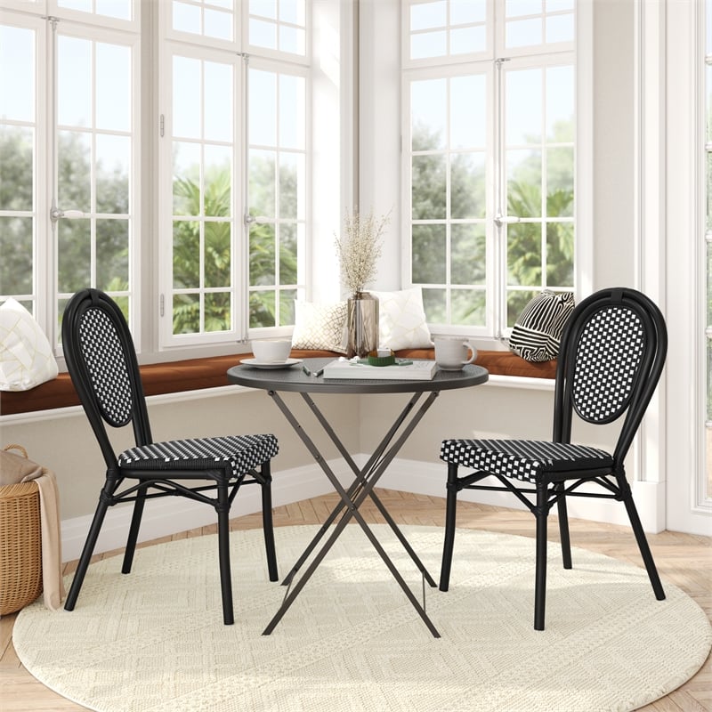 2 PK All-Weather Commercial Paris Chair with Black Metal Frame-Black/White