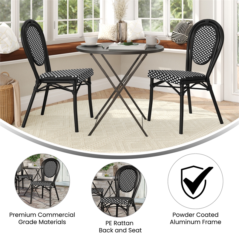 2 PK All-Weather Commercial Paris Chair with Black Metal Frame-Black/White