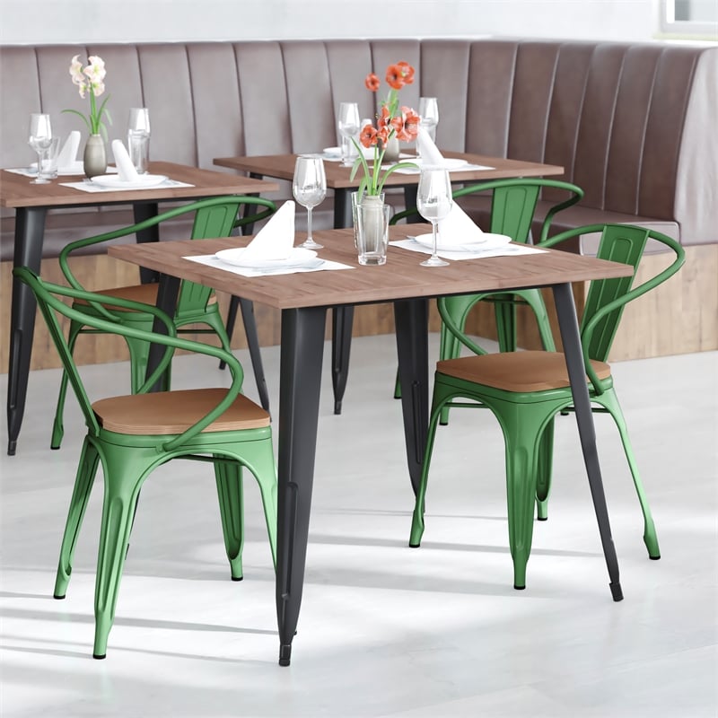 All-Weather Metal Stack Chair with Arms and Poly Resin Seat - Green/Teak