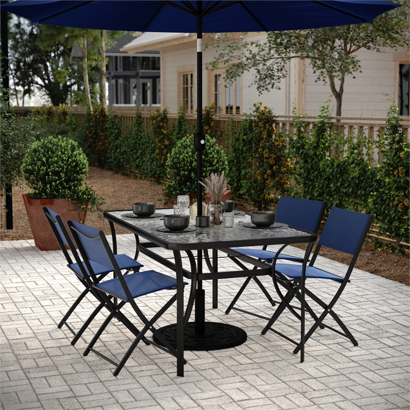 Commercial 35x59 Tempered Glass and Steel Patio Table with Umbrella Hole-Black