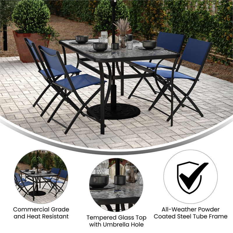 Commercial 35x59 Tempered Glass and Steel Patio Table with Umbrella Hole-Black