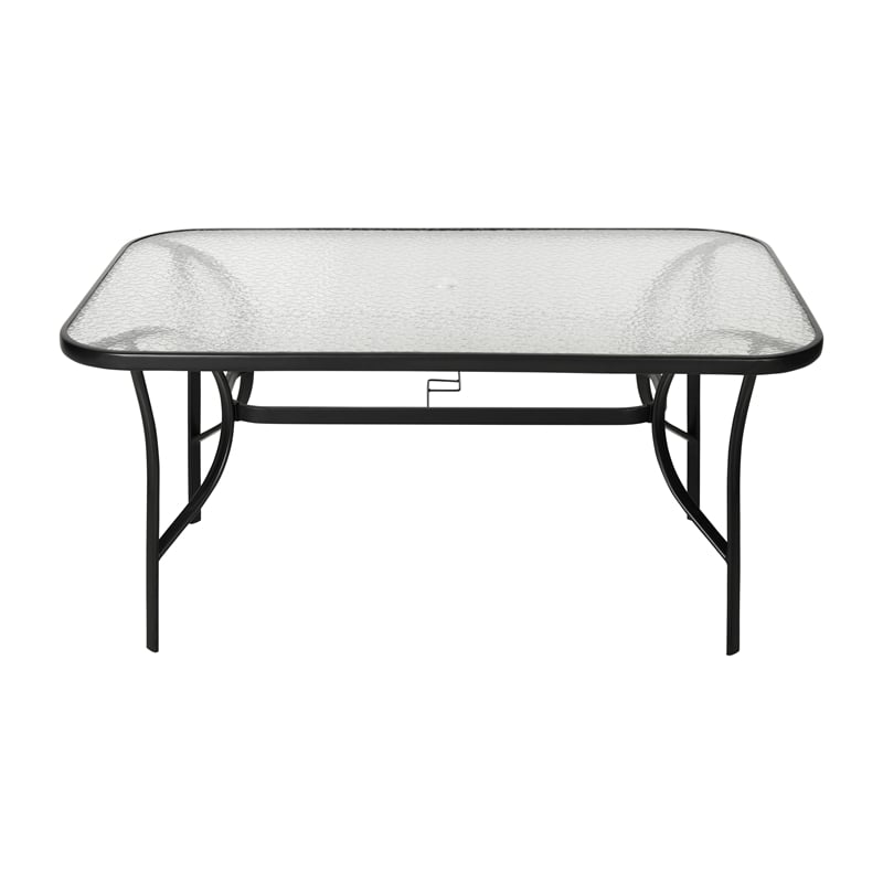 Commercial 35x59 Tempered Glass and Steel Patio Table with Umbrella Hole-Black