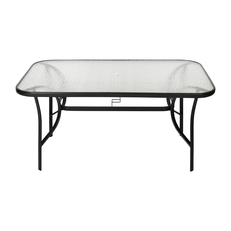 Commercial 35x59 Tempered Glass and Steel Patio Table with Umbrella Hole-Black