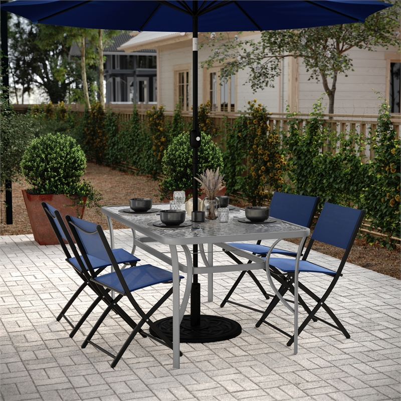 Commercial 35x59 Tempered Glass and Steel Patio Table with Umbrella Hole-Silver