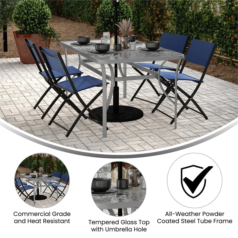 Commercial 35x59 Tempered Glass and Steel Patio Table with Umbrella Hole-Silver