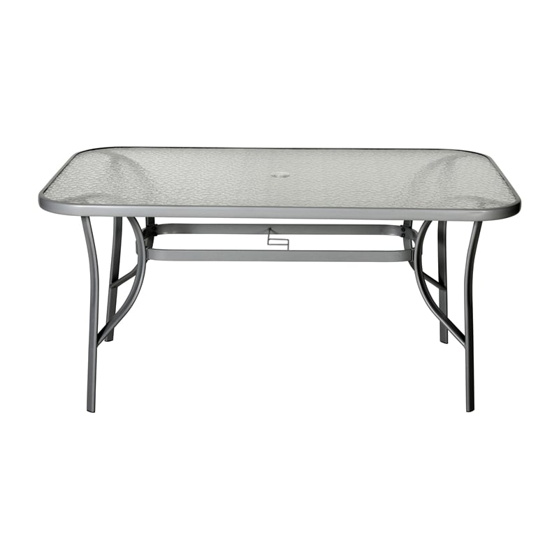 Commercial 35x59 Tempered Glass and Steel Patio Table with Umbrella Hole-Silver