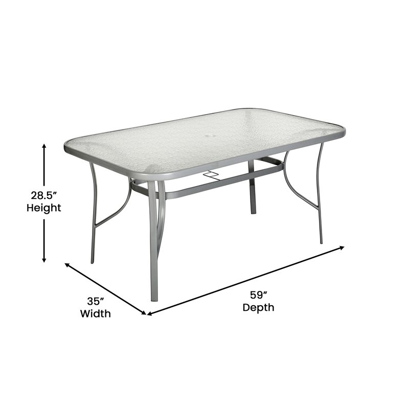 Commercial 35x59 Tempered Glass and Steel Patio Table with Umbrella Hole-Silver