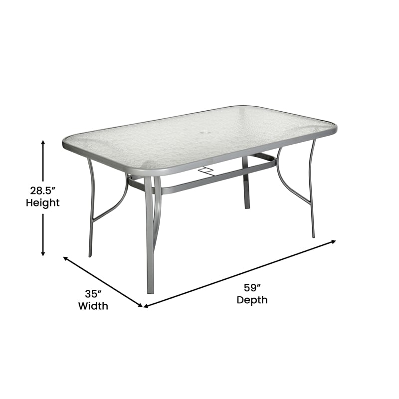 Commercial 35x59 Tempered Glass and Steel Patio Table with Umbrella Hole-Silver
