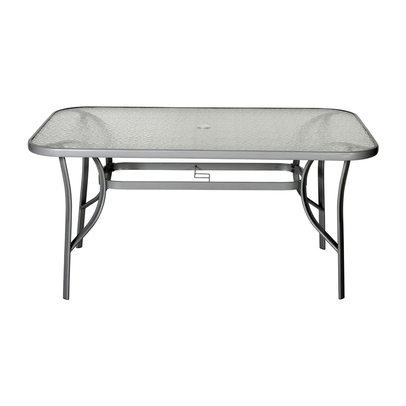 Commercial 35x59 Tempered Glass and Steel Patio Table with Umbrella Hole-Silver