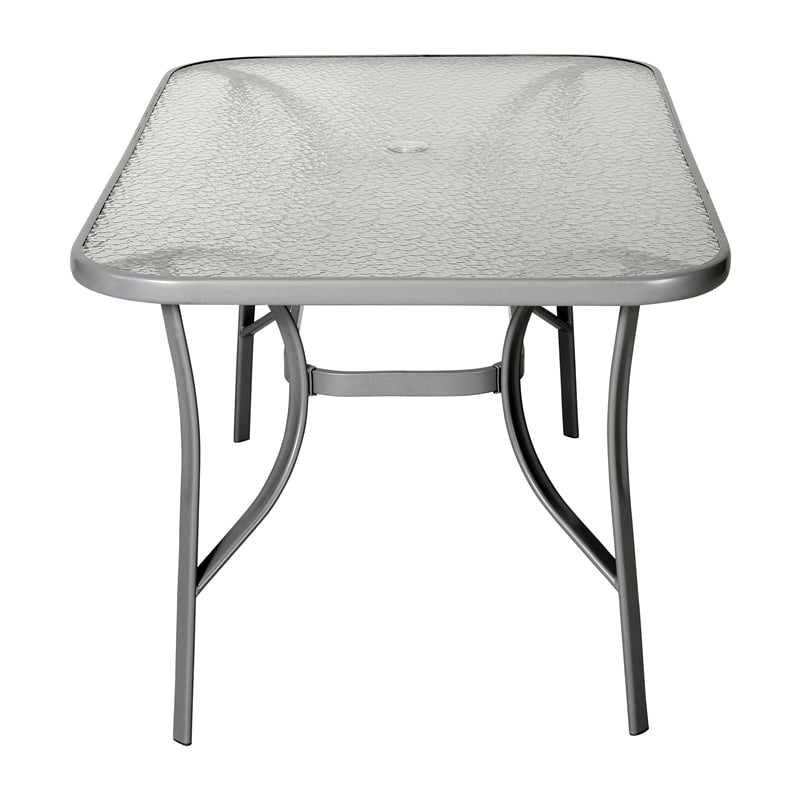 Commercial 35x59 Tempered Glass and Steel Patio Table with Umbrella Hole-Silver