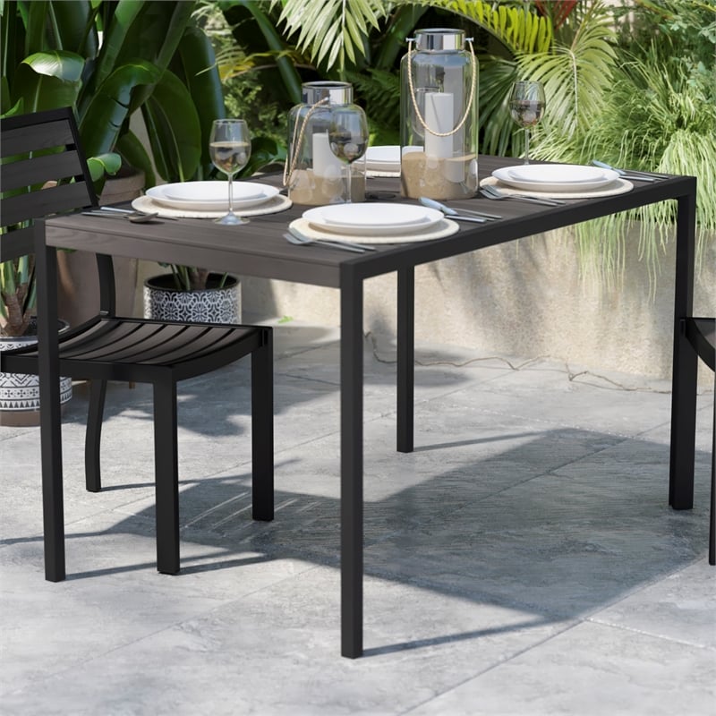 Steel All-Weather Patio Dining Table with Gray Wash Faux Teak Slat Top-Seats 4