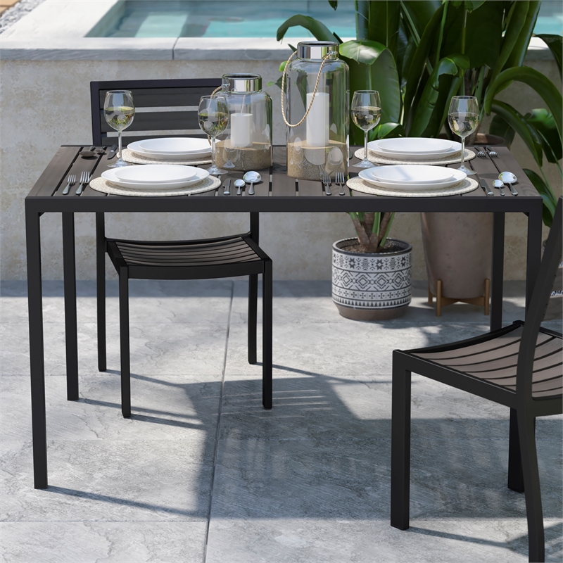 Steel All-Weather Patio Dining Table with Gray Wash Faux Teak Slat Top-Seats 4