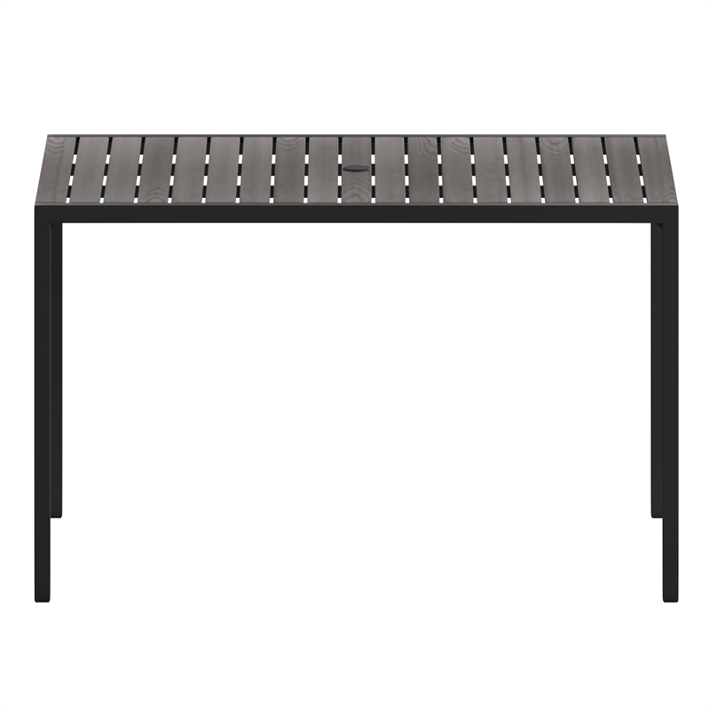 Steel All-Weather Patio Dining Table with Gray Wash Faux Teak Slat Top-Seats 4