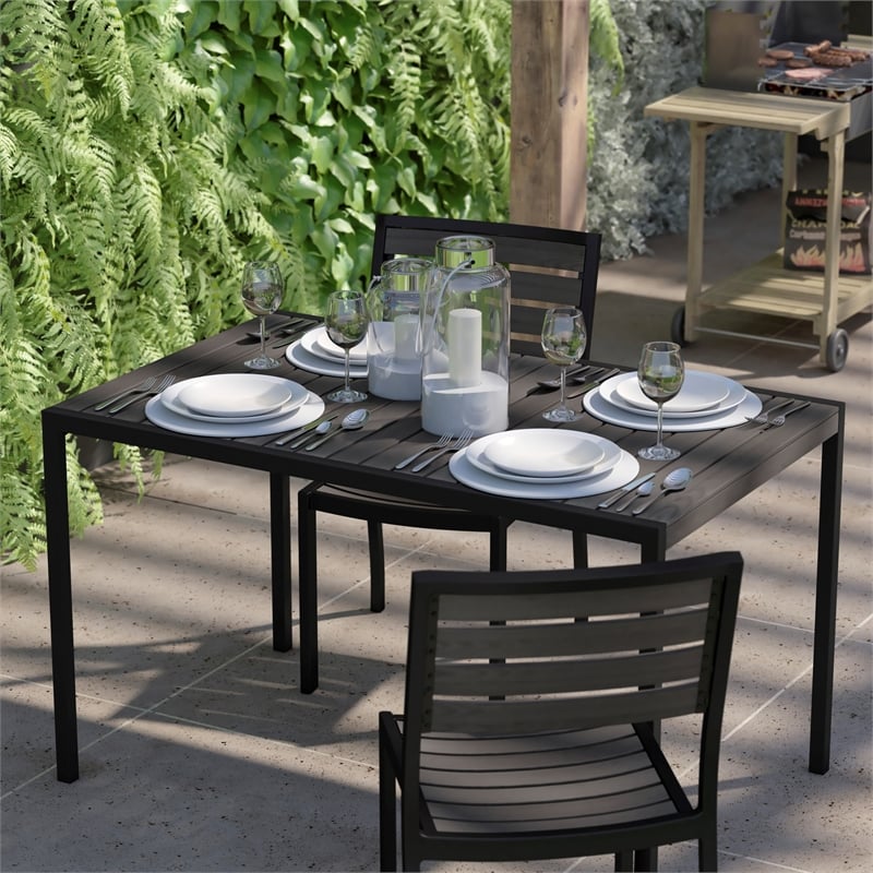 Steel All-Weather Patio Dining Table with Gray Wash Faux Teak Slat Top-Seats 4