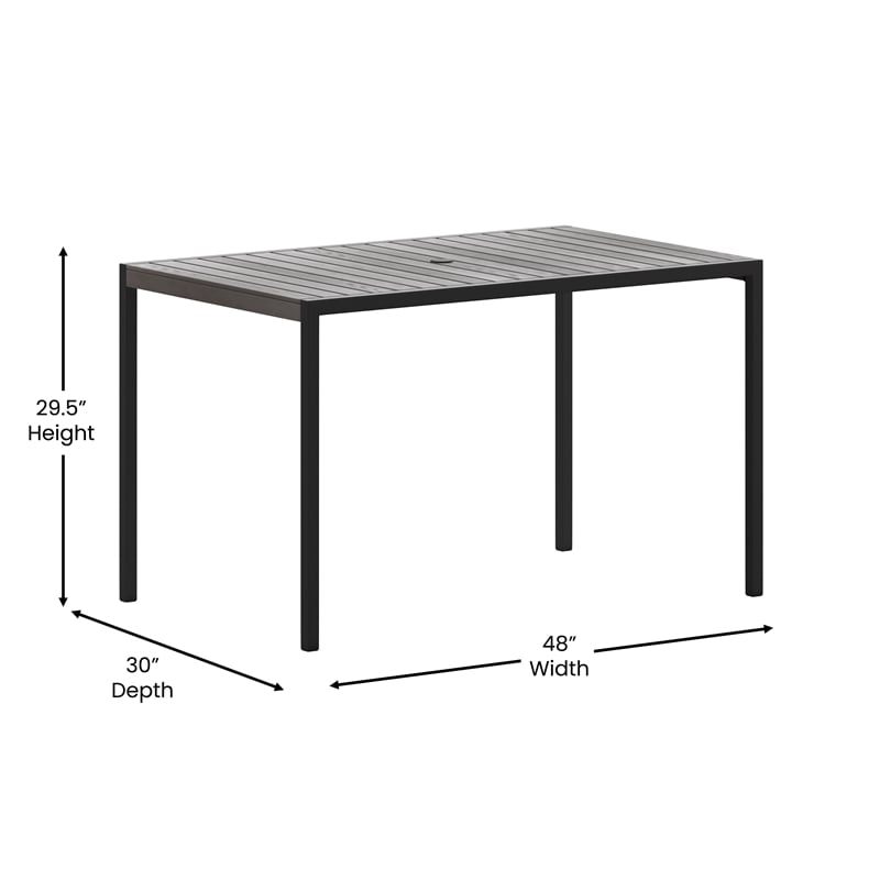 Steel All-Weather Patio Dining Table with Gray Wash Faux Teak Slat Top-Seats 4