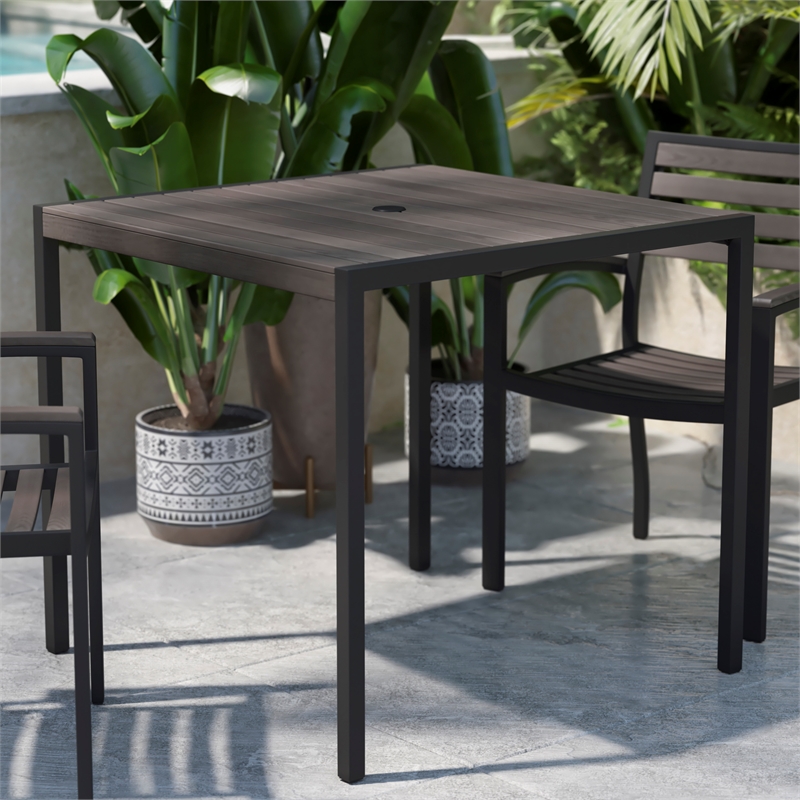 Steel All-Weather Patio Dining Table with Gray Wash Faux Teak Slat Top-Seats 4
