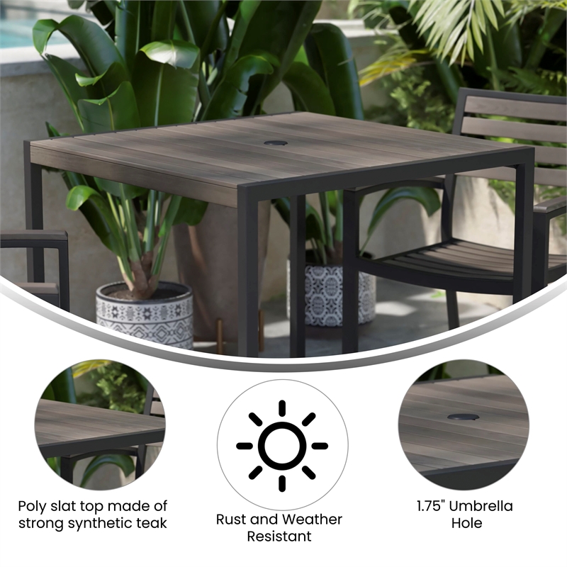 Steel All-Weather Patio Dining Table with Gray Wash Faux Teak Slat Top-Seats 4