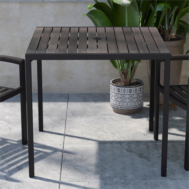 Steel All-Weather Patio Dining Table with Gray Wash Faux Teak Slat Top-Seats 4