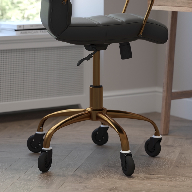 Executive Chair with Gold Frame & Arms on Skate Wheels - Black LeatherSoft