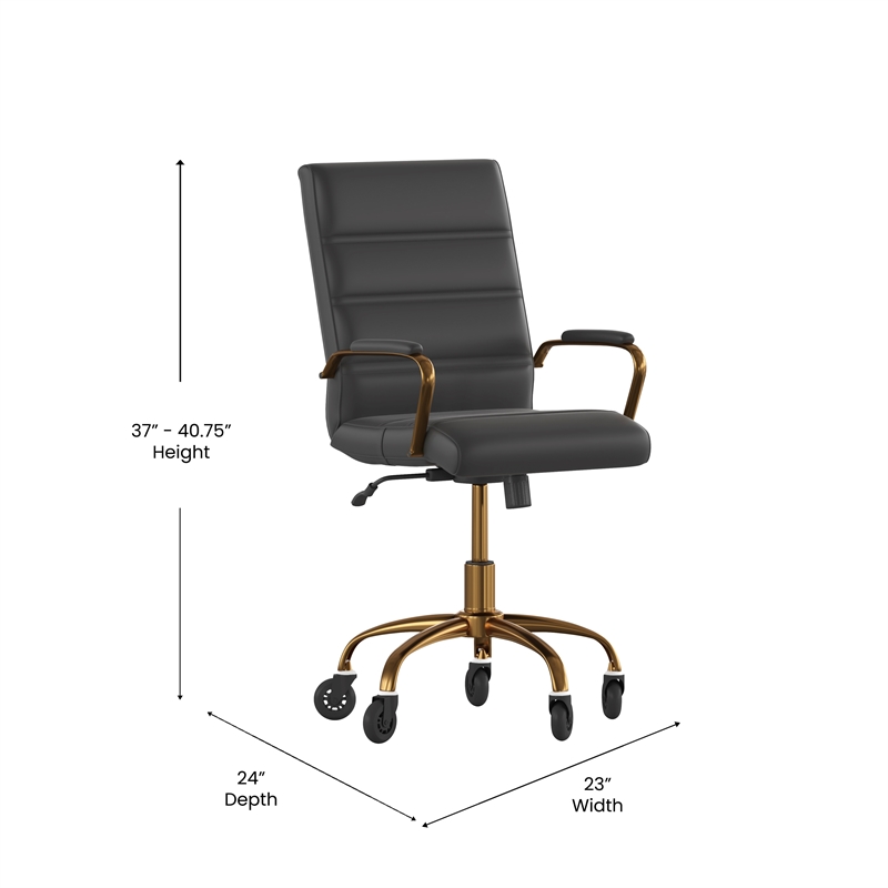 Executive Chair with Gold Frame & Arms on Skate Wheels - Black LeatherSoft