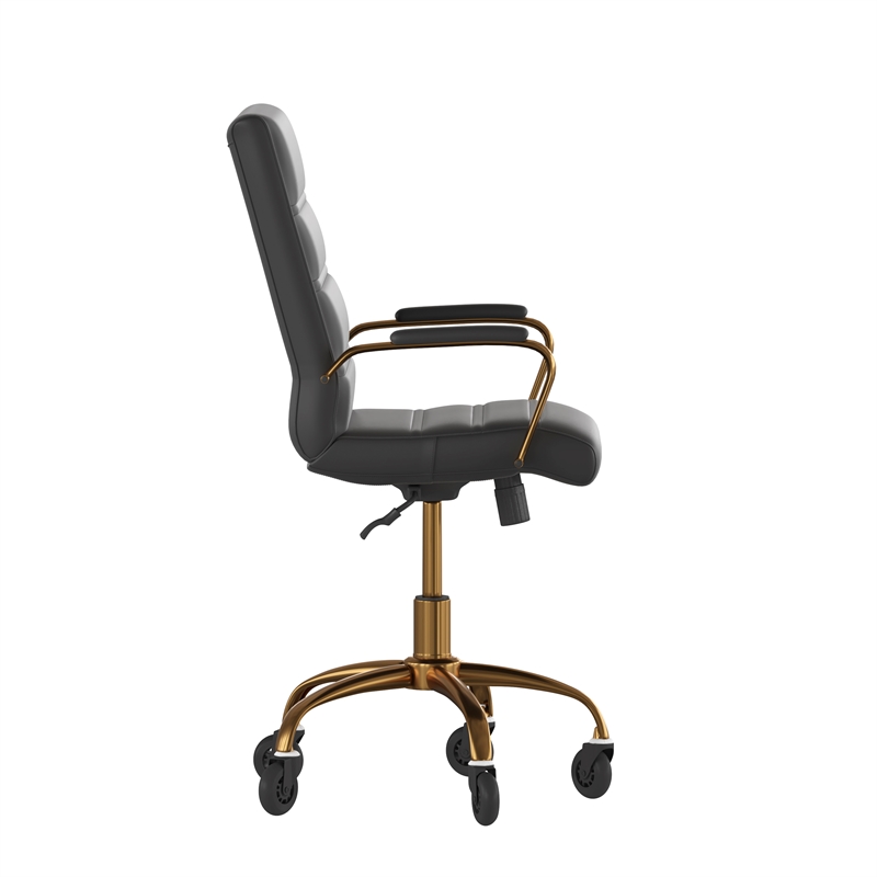 Executive Chair with Gold Frame & Arms on Skate Wheels - Black LeatherSoft