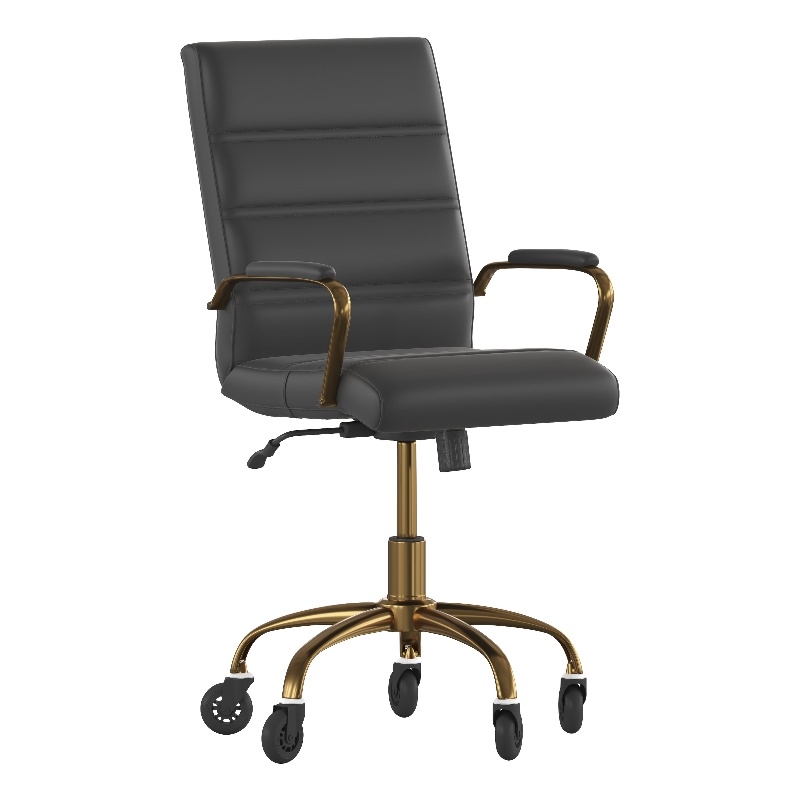Executive Chair with Gold Frame & Arms on Skate Wheels - Black LeatherSoft