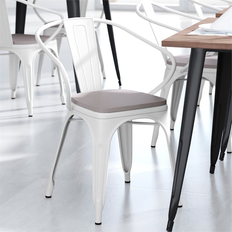 All-Weather Metal Stack Chair with Arms and Poly Resin Seat - White/Gray