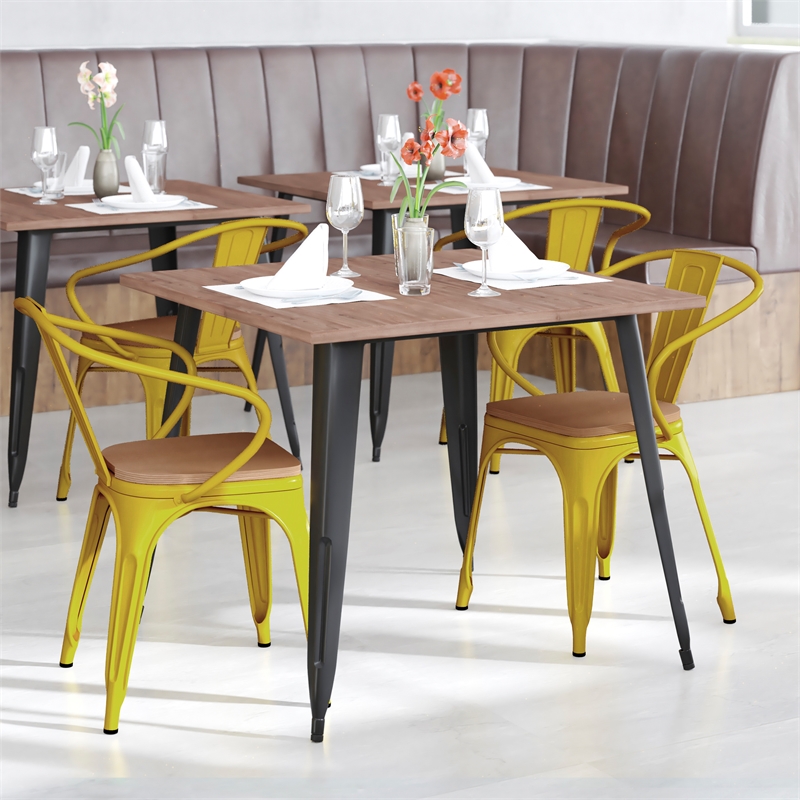 All-Weather Metal Stack Chair with Arms and Poly Resin Seat - Yellow/Teak