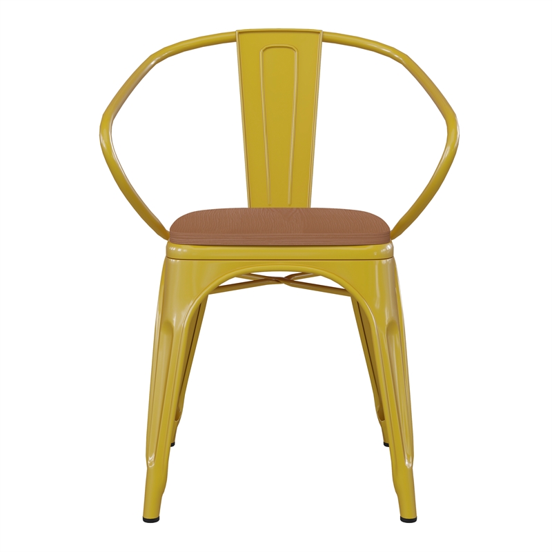 All-Weather Metal Stack Chair with Arms and Poly Resin Seat - Yellow/Teak