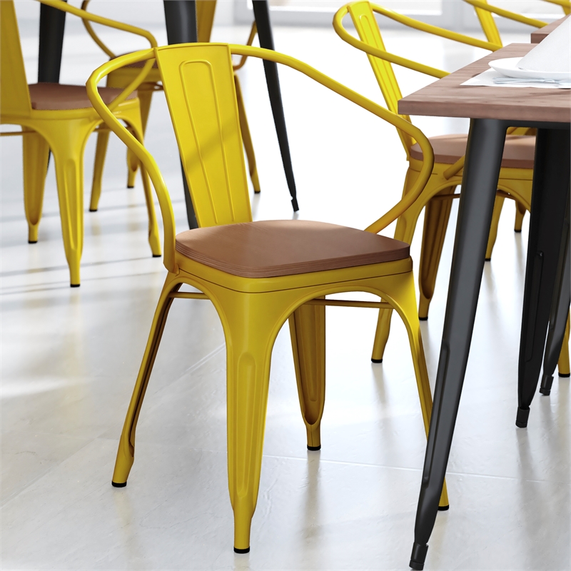 All-Weather Metal Stack Chair with Arms and Poly Resin Seat - Yellow/Teak