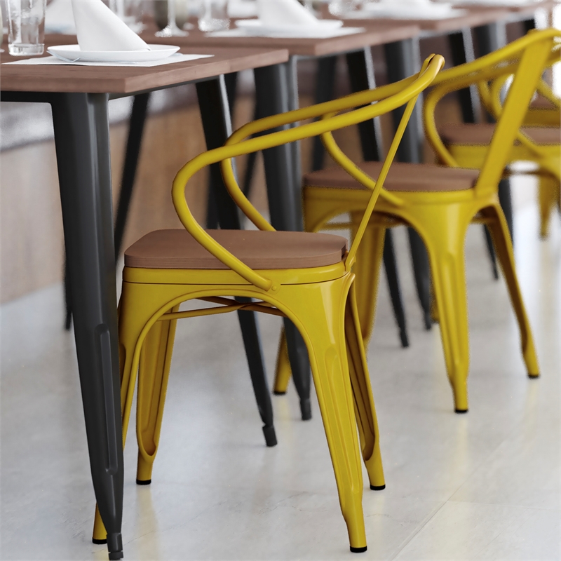 All-Weather Metal Stack Chair with Arms and Poly Resin Seat - Yellow/Teak